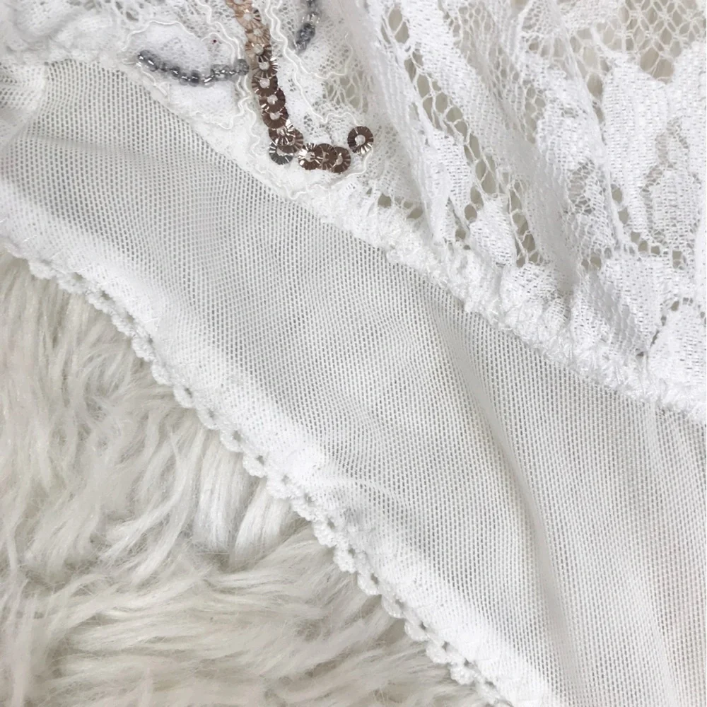 FREE PEOPLE Sheer White Lace Sequin Beaded Bodysuit XS Embroidered Boho Festival